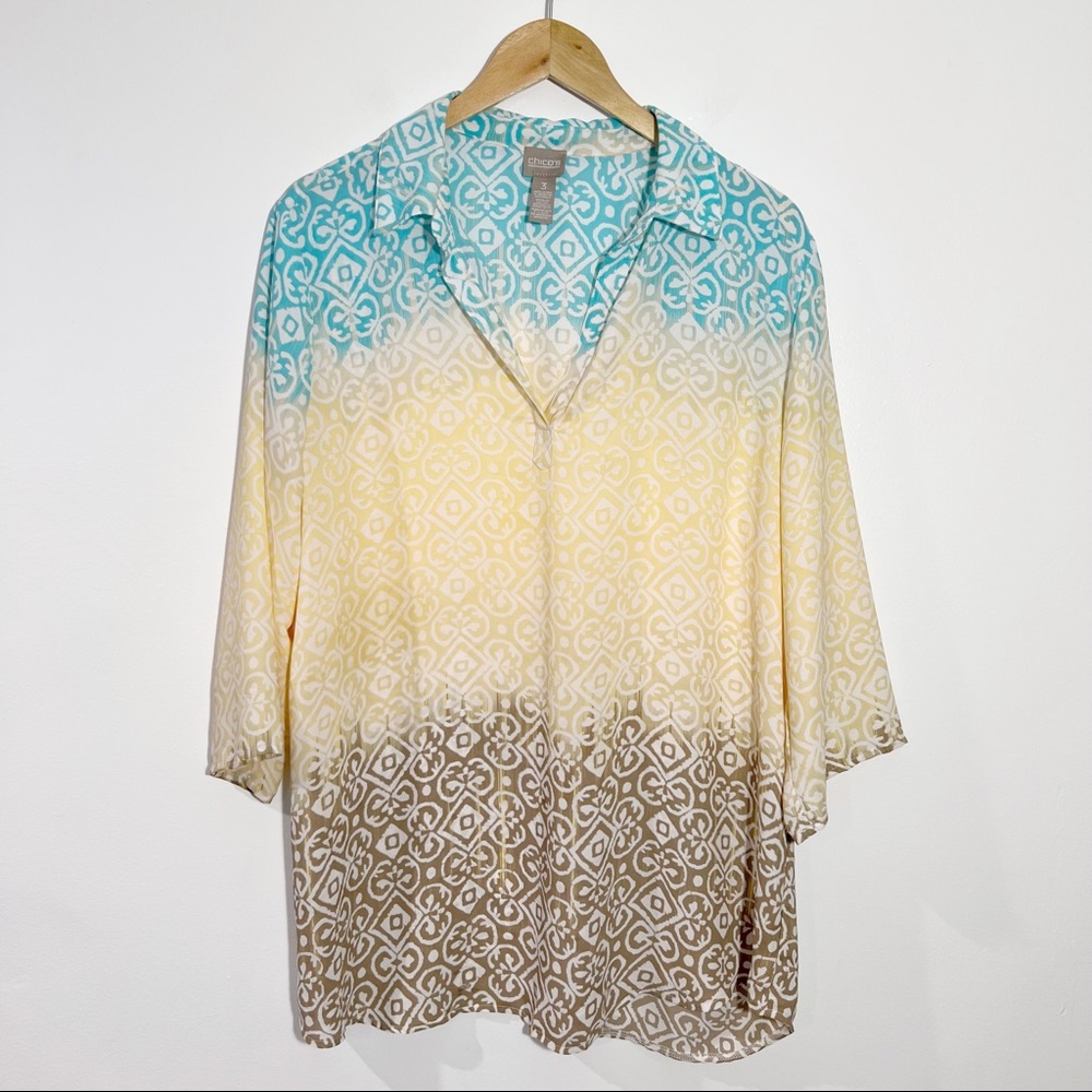 New Chico's Mixed Color Chiffon Tunic Blouse Split Neck XL Chicos‎ 3 Casual Work